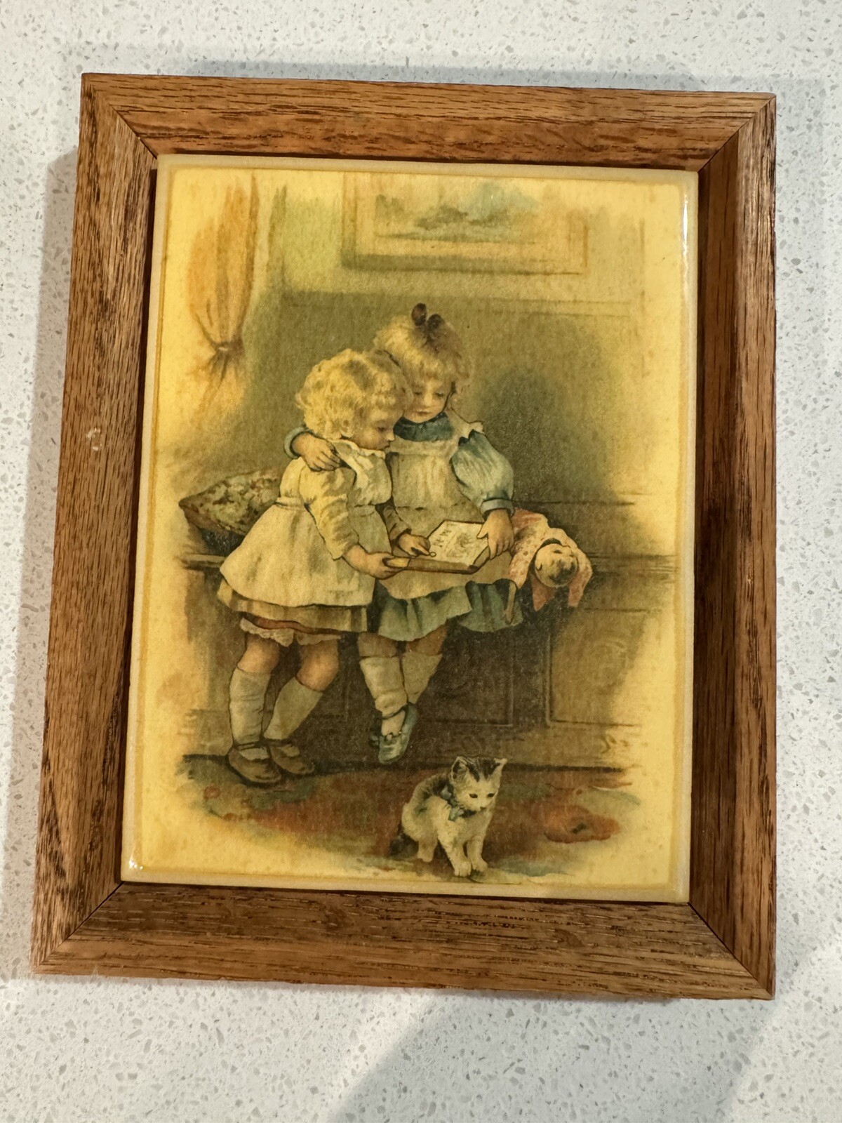 Sweet Vintage 1970’s Framed Art Tile Featuring Two Girls And A Kitty Cat Sweet Vintage 1970’s Framed Art Tile Featuring Two Girls And A Kitty Cat