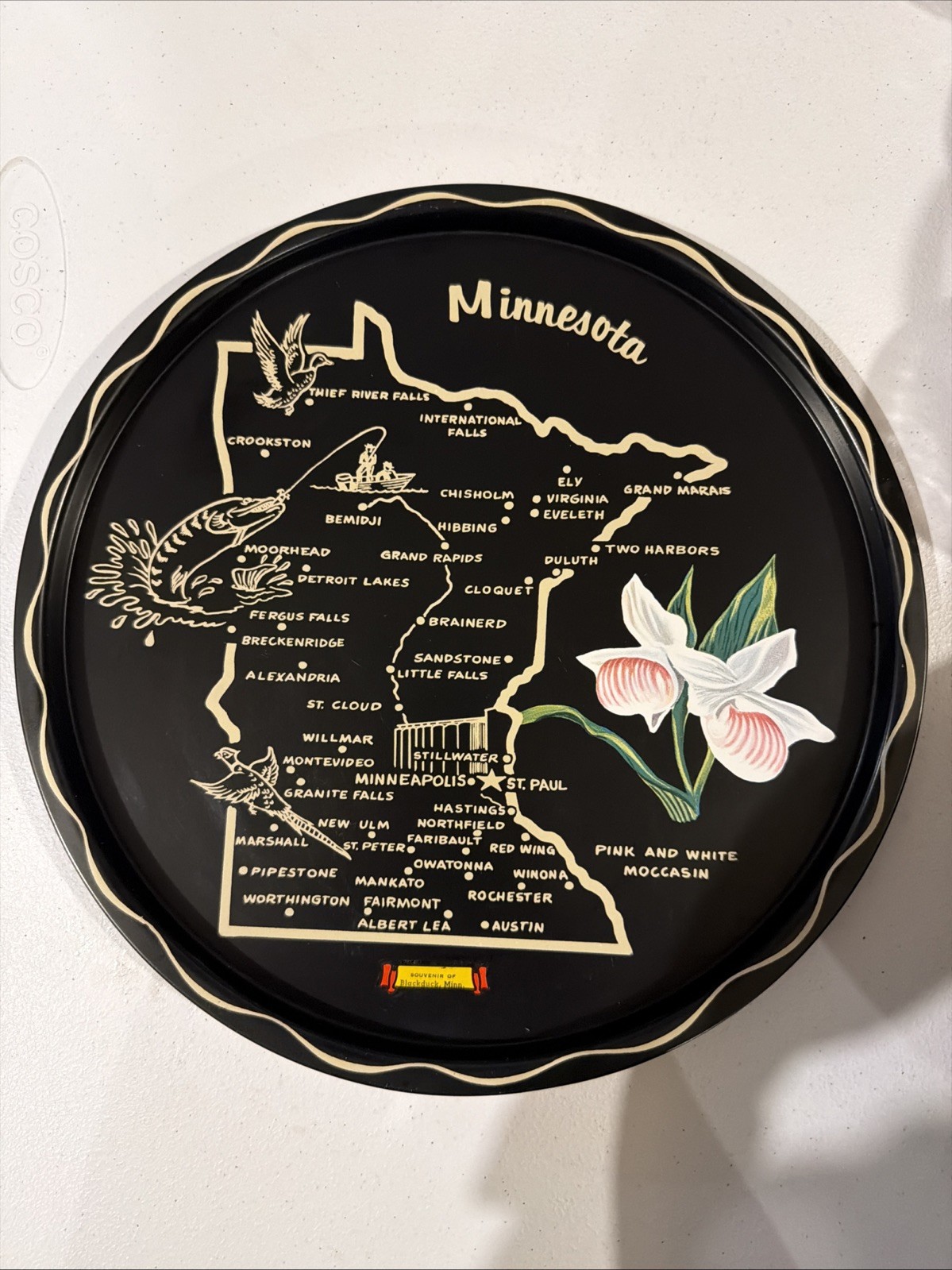Vintage Minnesota State Metal Tin Tray Souvenir Painted Black and Gold Plate 11”