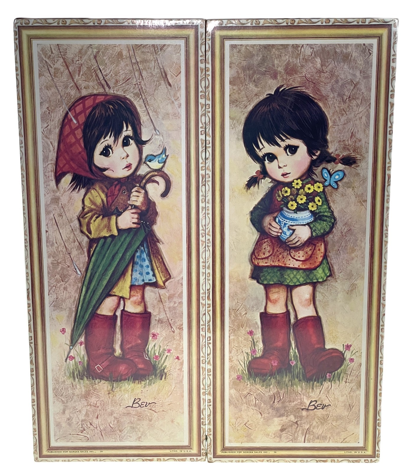 2 Big Eye Kids Girls Plaque Litho Signs New Old Stock Bev Vtg Retro 15”x6”x .5
