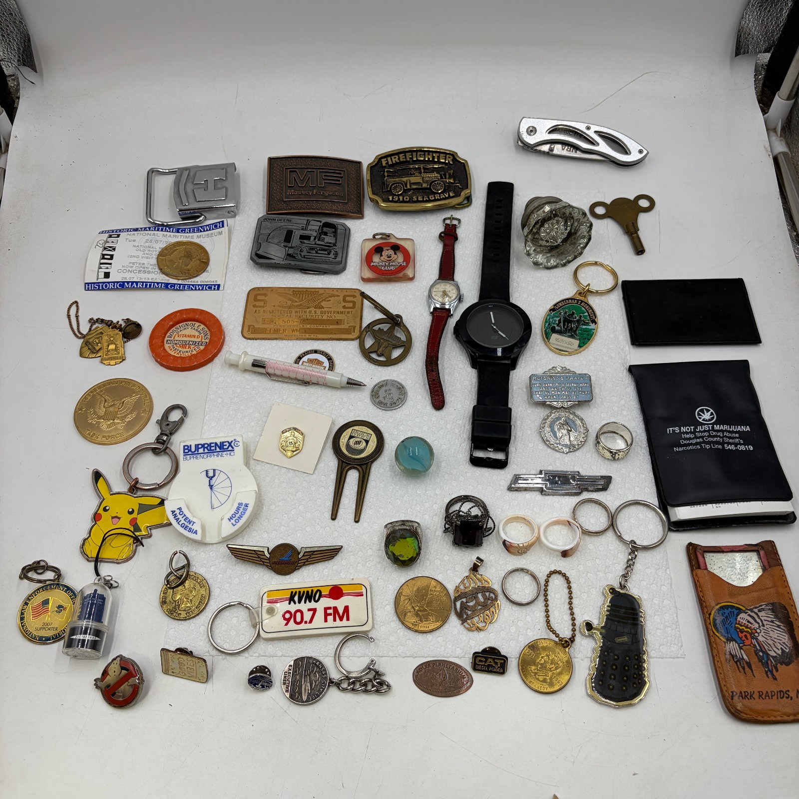 Vintage Junk Drawer Lot Watches Belt Buckles Pins Keychains Coins Jewelry Mixed