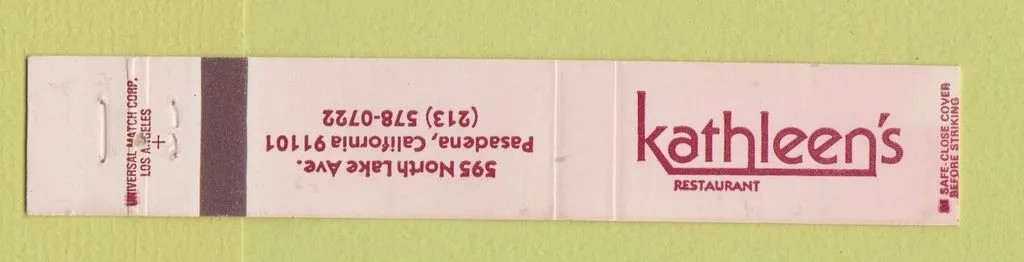 Matchbook Cover - Kathleen\'s Restaurant Pasadena CA 10 Strike