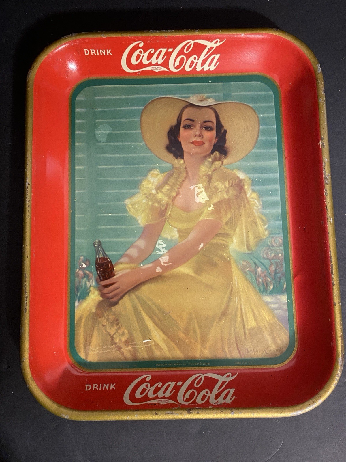 Vintage 1938 Coca Cola Tray Yellow Dress Lady Original Litho Advertising Coke