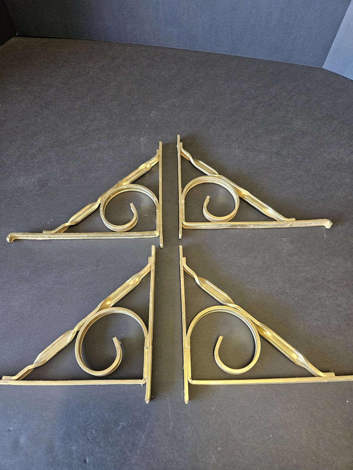 4 Vintage Twisted Aluminum Gold brackets sign hangers plant hanger single hole