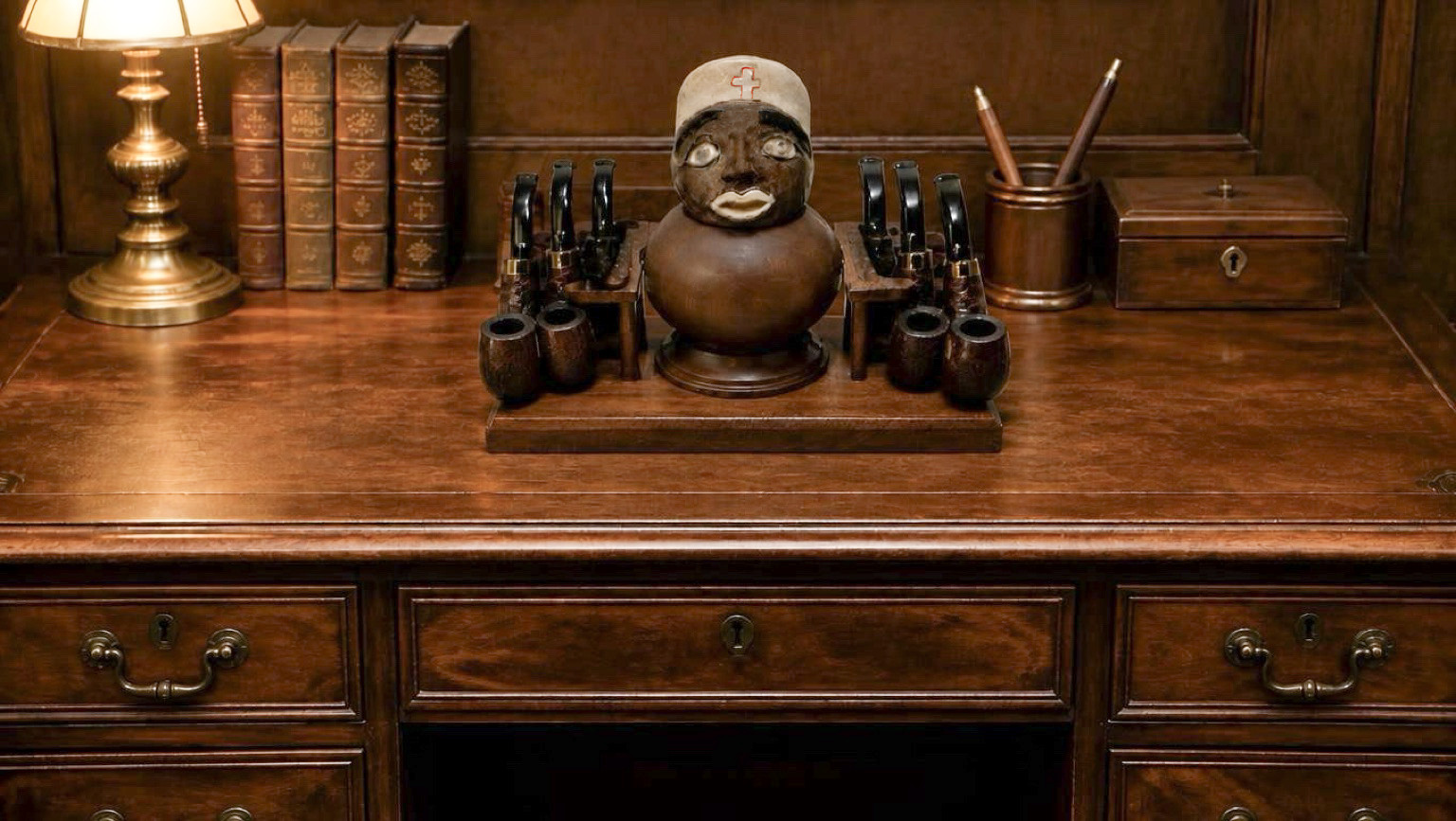 WOODEN PIPE RACK TOBACCO  With Heavy Very Old Ceramic Head  Bowl Top