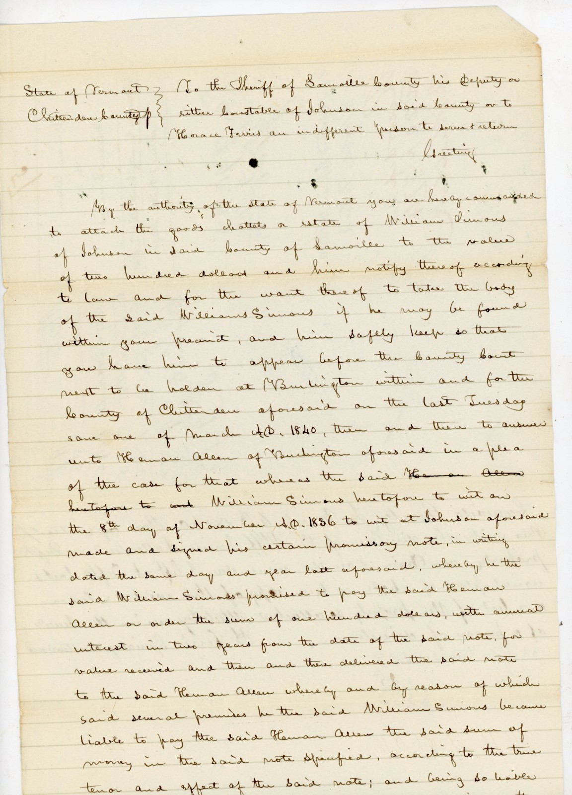 1840 Vermont Legal Writ Heman Allen vs William Simons Signed Chauncey Goodrich 1840 Vermont Legal Writ Heman Allen vs William Simons Signed Chauncey Goodrich