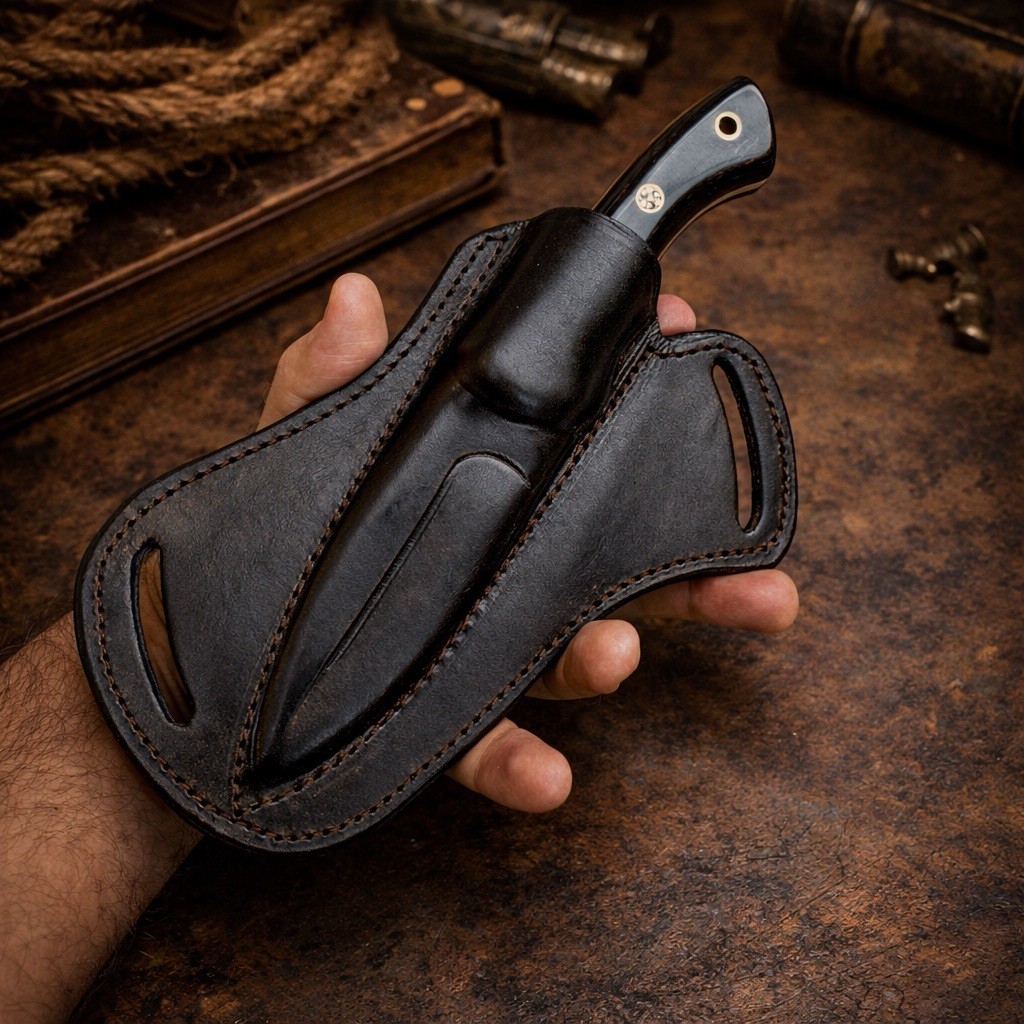 Black LEATHER Cross Draw Fixed Blade Knife Leather Sheath Folding Knife Case