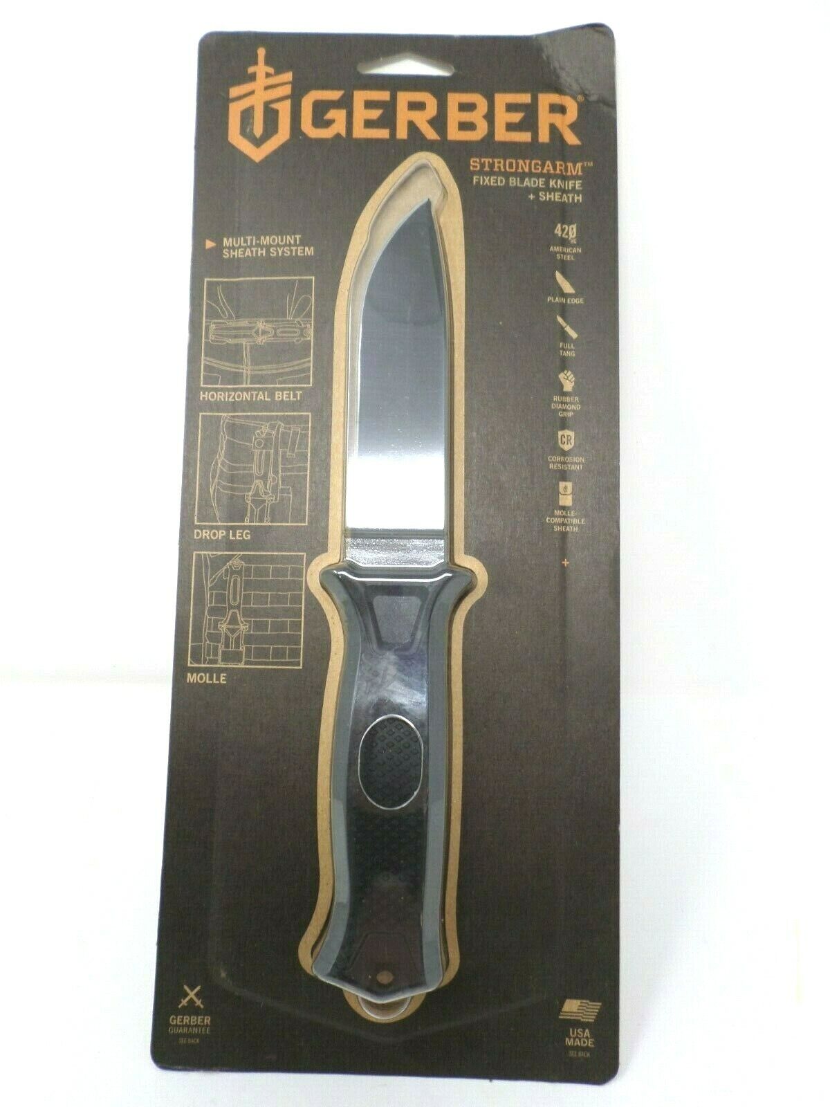 Gerber Strongarm Fixed Blade Knife + Black Sheath, BLACK Handle, NEW USA MADE 