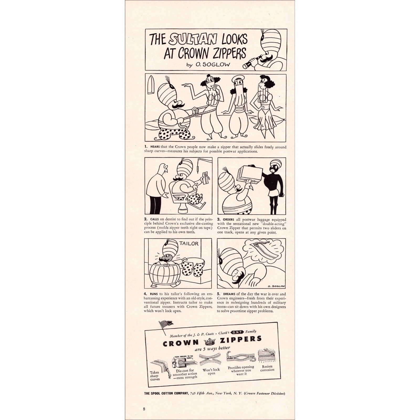 1945 Crown Zippers Original Vintage Print Ad