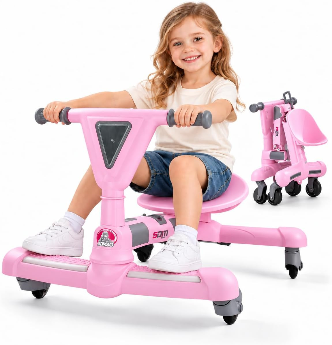 Foldable Wiggle Car for Kids Ages 3-6, LED Light-Up Music Ride-On Toy, Pink