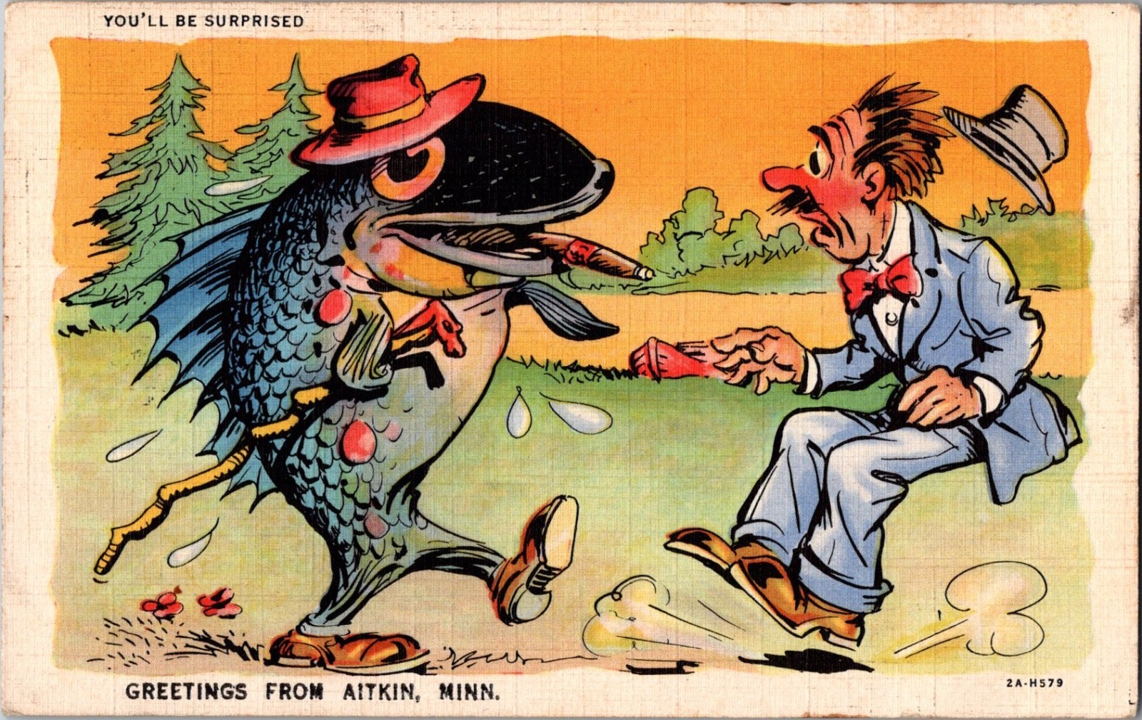 Postcard Fish Smoking Cigar, Greetings from Aitkin, Minnesota MN c1935