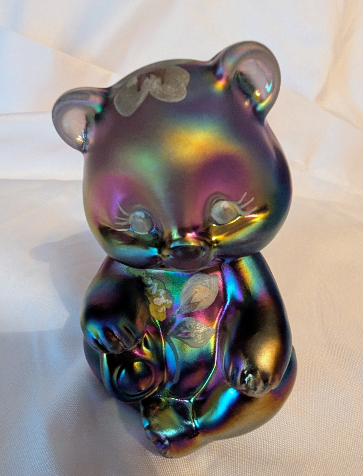 Fenton HP Floral Amethyst Carnival Glass Bear Signed C. Wind  & Shelley Fenton