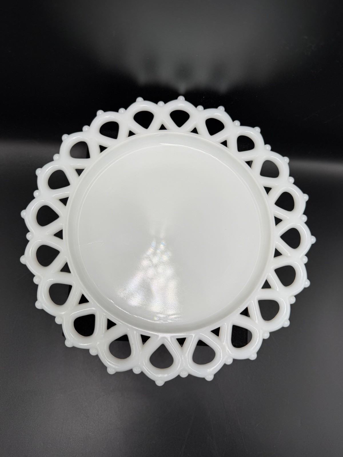 Vintage Milk Glass Plate With Open Lace Edge 8.5” unmarked 