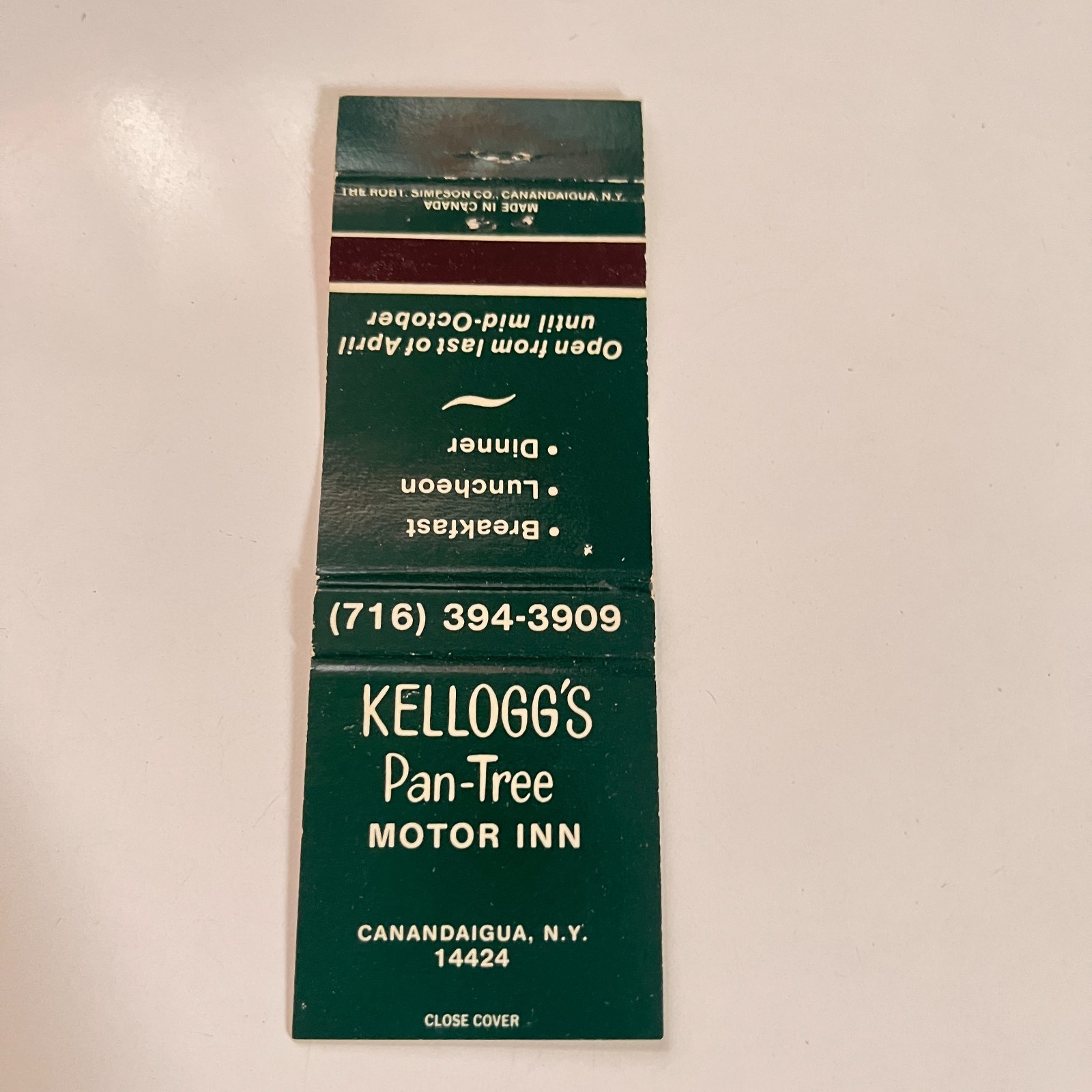 Kellogg\'s Pan-Tree Motor Inn Canandaigua NY Vintage Matchbook Cover TMB67-4