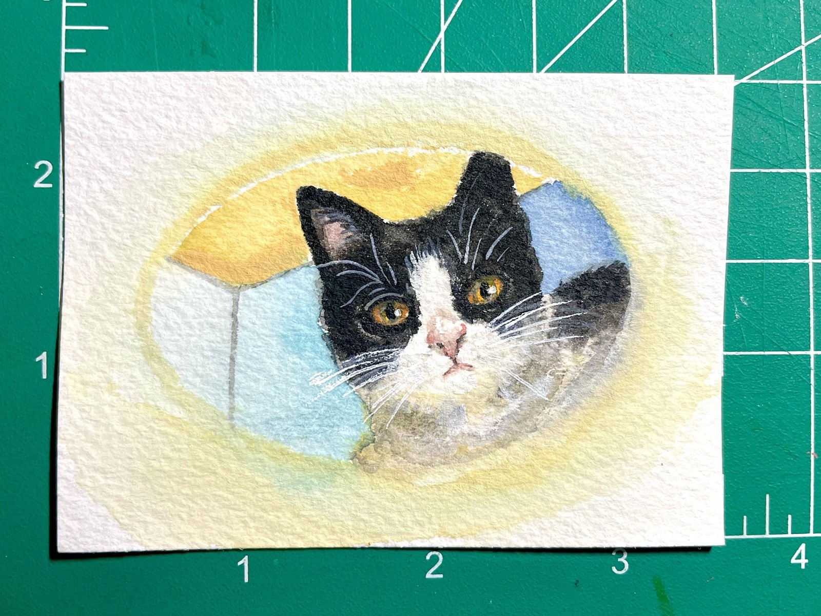 Original ACEO Watercolor Black And White Cat In Room