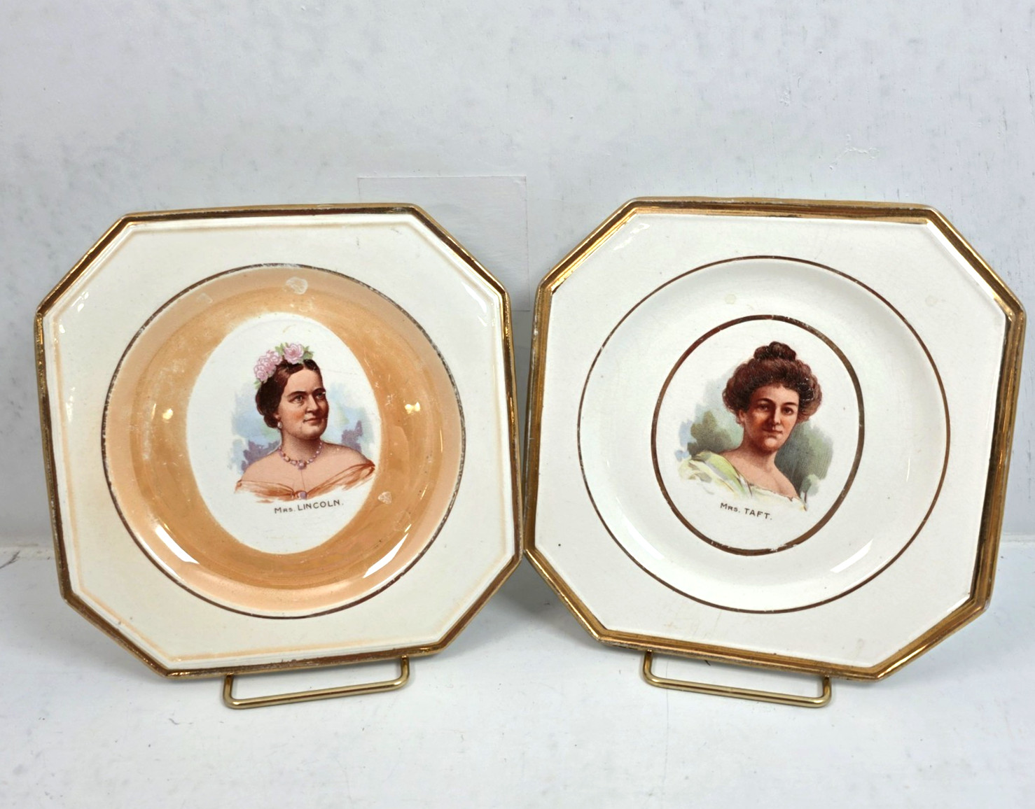 Antique Octagonal 1st Lady Portrait Plates Lincoln Taft MN Advertising Set of 2