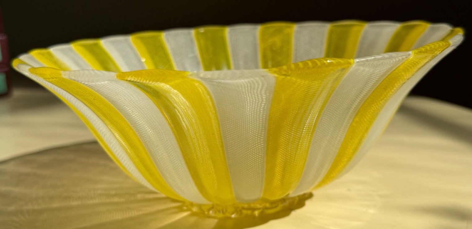 Murano Art Glass Yellow Striped Latticino Swirl Bowl 7.75 Inch