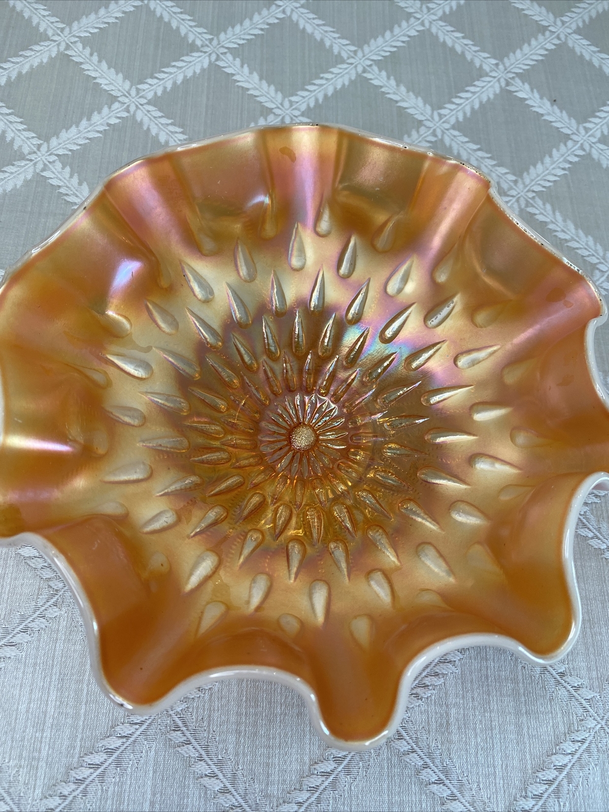 Peach Opalescent Dugan Carnival Glass Rain Drops Pattern 8.5” Pedestal Compote
