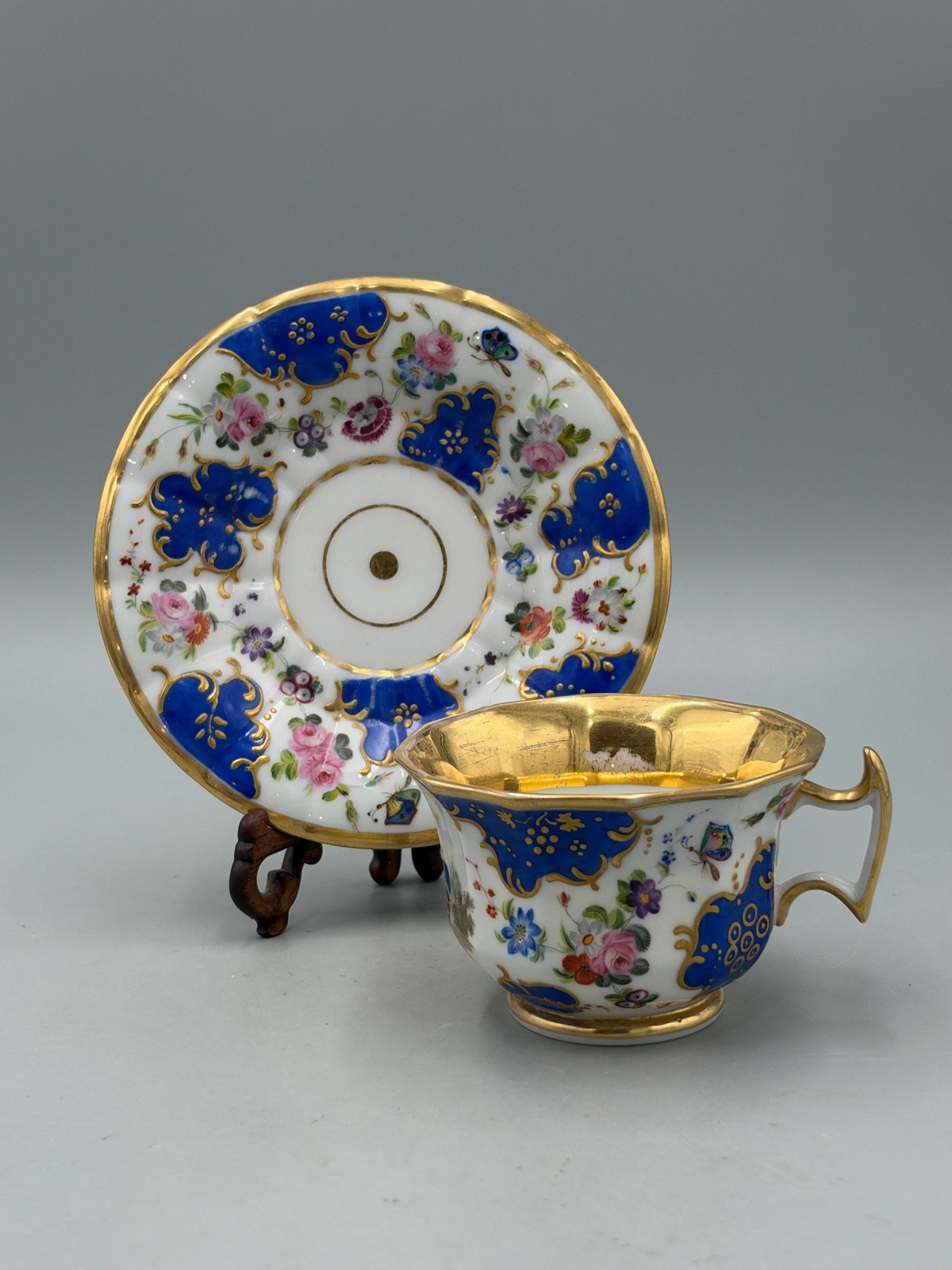 Antique French Paris Porcelain Chinoiserie Cabinet Cup & Saucer Blue Gilt 1880s