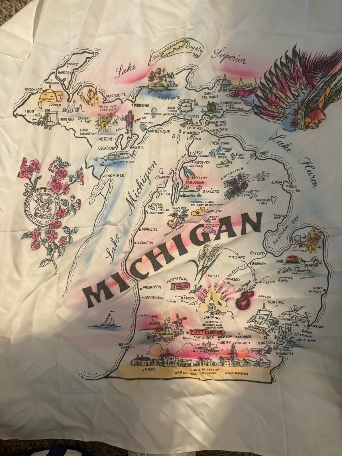 Vintage Michigan Souvenir Map Scarf  30\