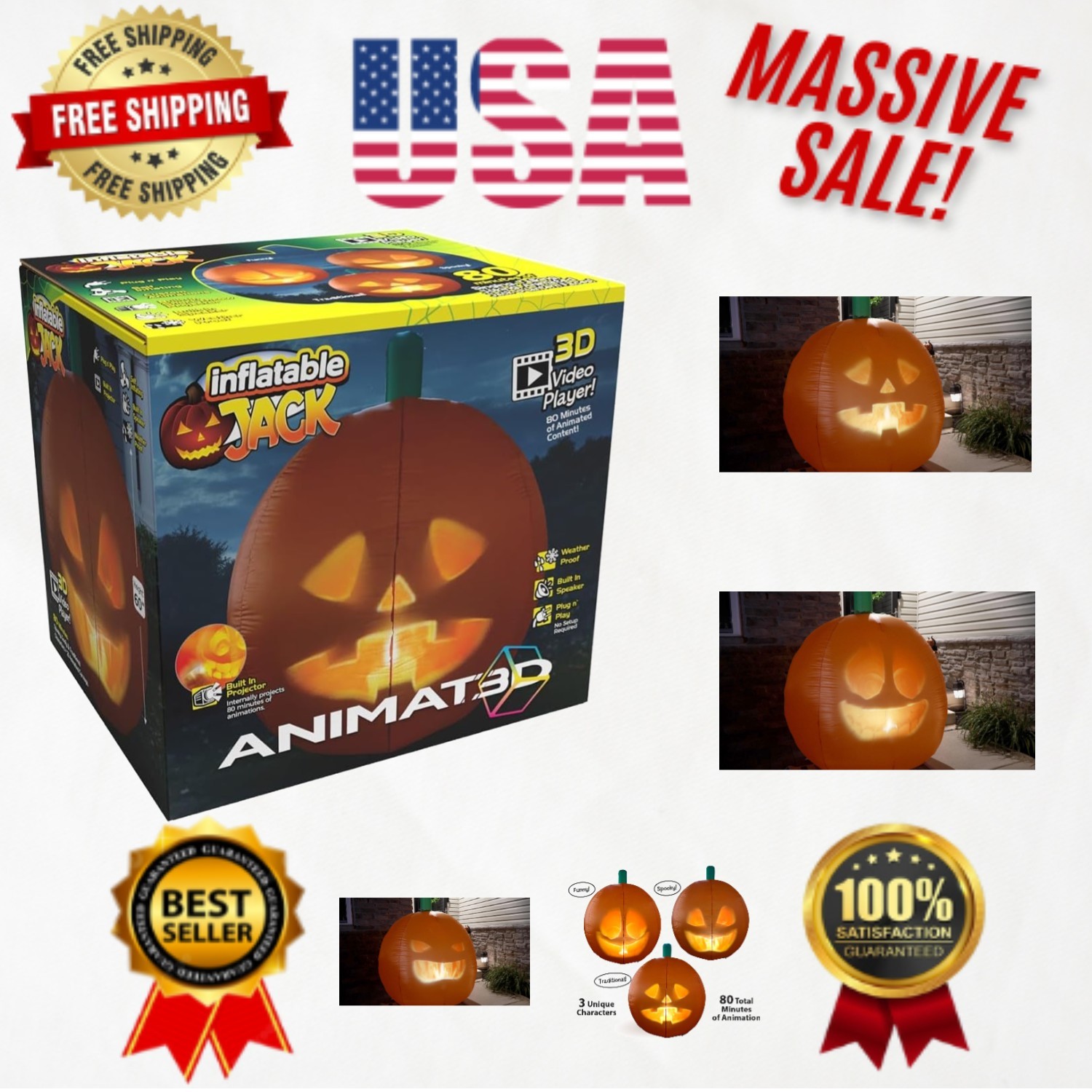 Self-Inflating 5ft Halloween Pumpkin with Projector & Speaker - Plug & Play