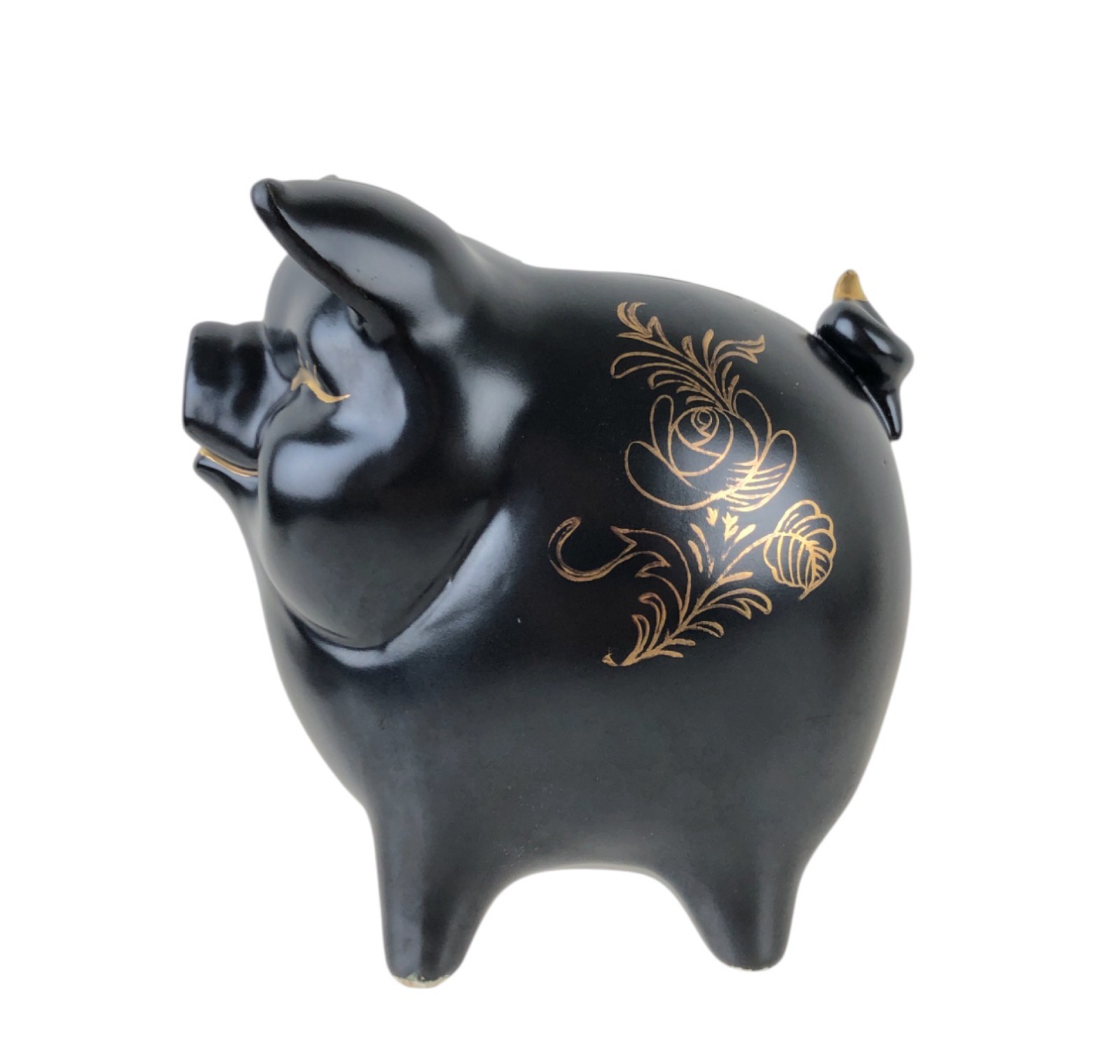 Vintage Lefton Black & Gold Ceramic Floral Happy Pig Piggy Coin Bank