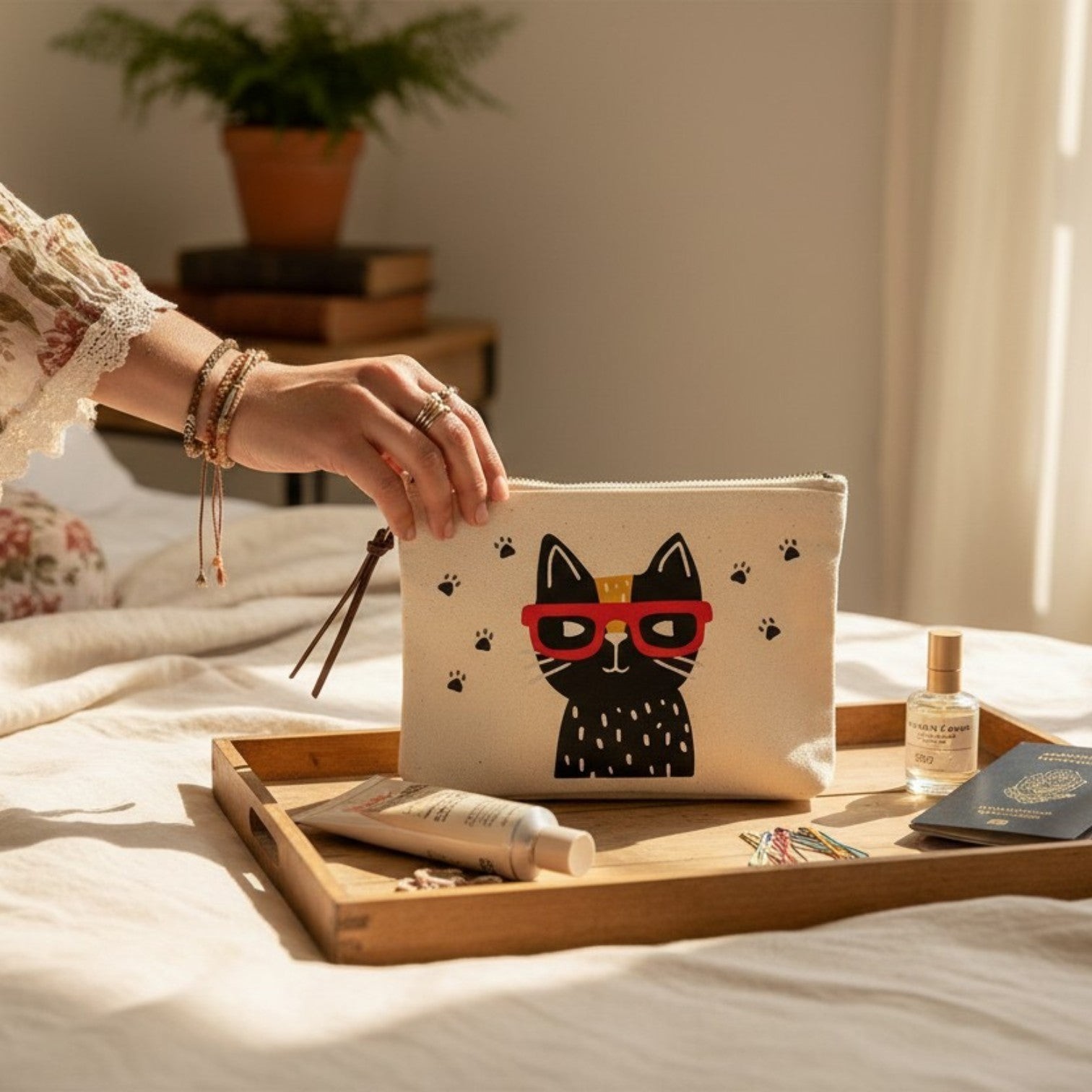New Cool Black Cat Kitten with Shades Zipper Canvas Makeup Pencil Pouch USA Made