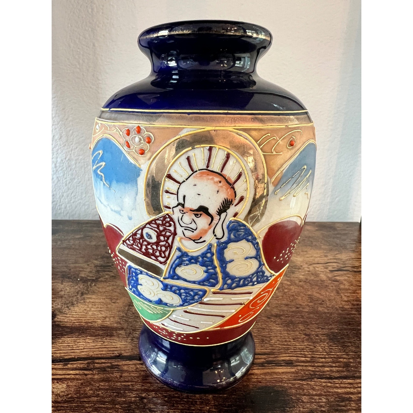Vintage Japanese Moriage Cobalt Blue Vase Hand Painted Immortal Gold Gilt 6.5in
