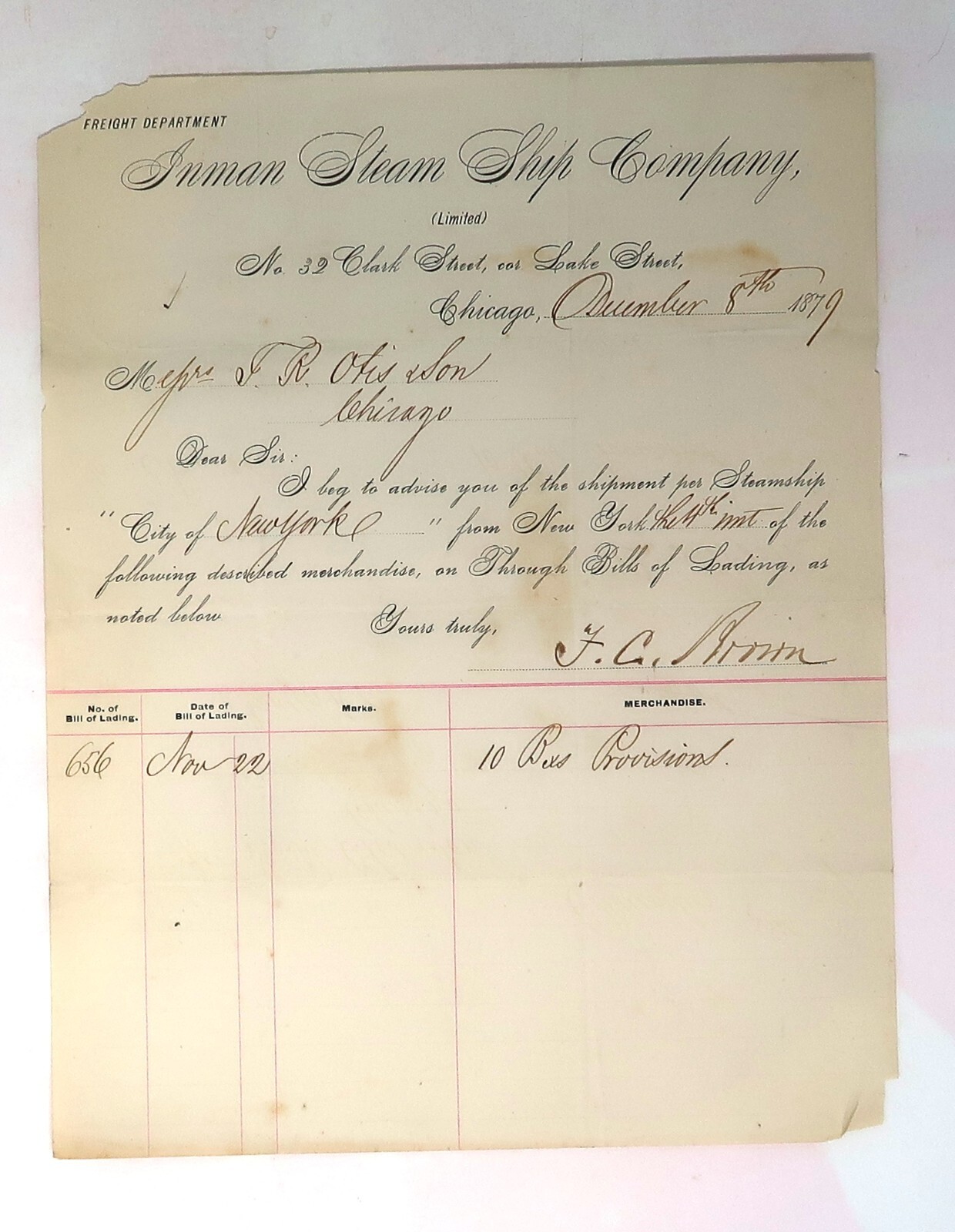 Antique 1879 Bill Head Ephemera, Inman Steam Ship Co. British Steamship