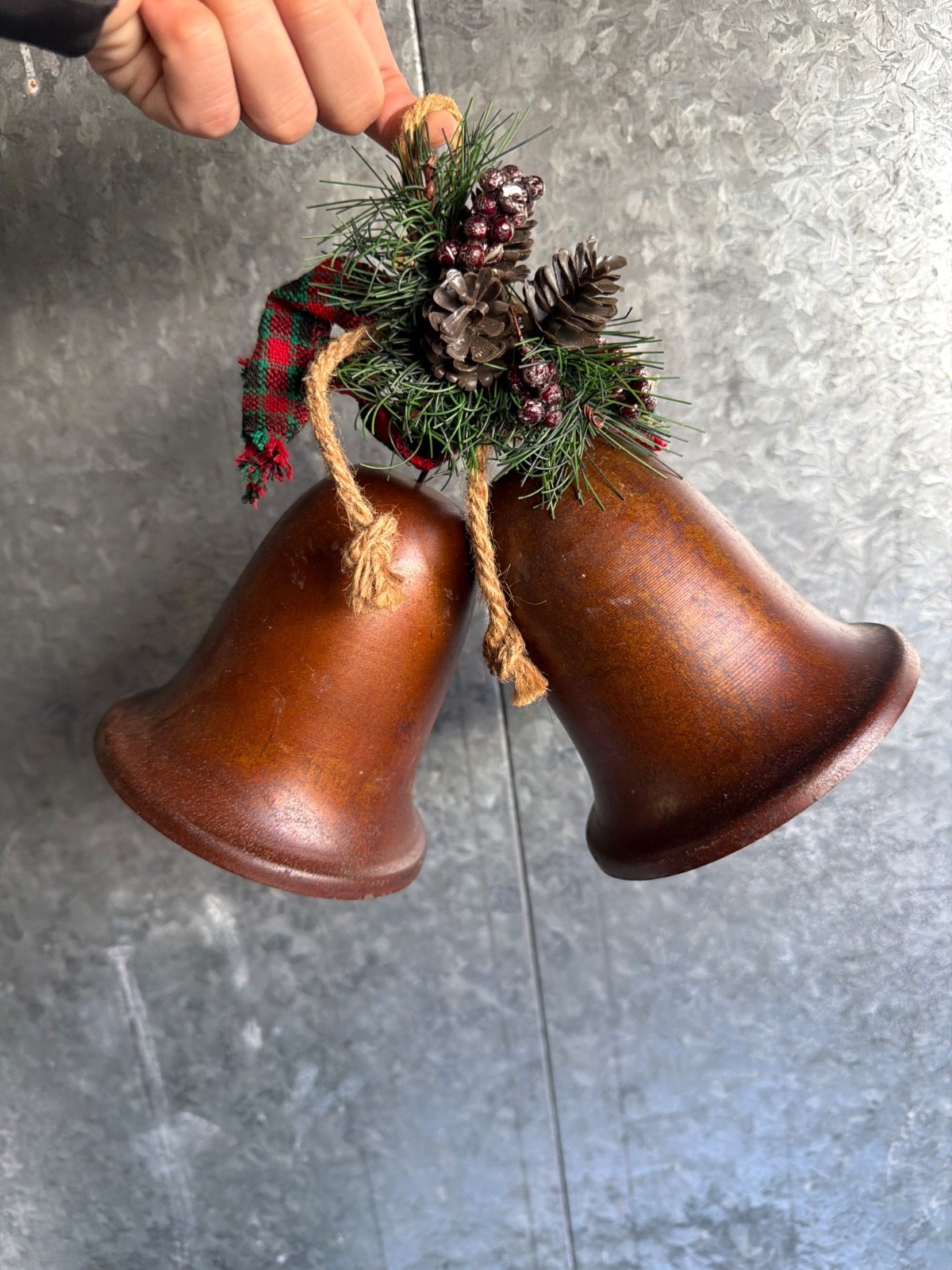 Vintage Rustic Christmas Double Bells Wall Hanging Pinecones Berries Plaid Farmh