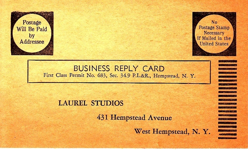 Laurel Studios 431 Hempstead Ave. West Hempstead LI NY Business Reply Card