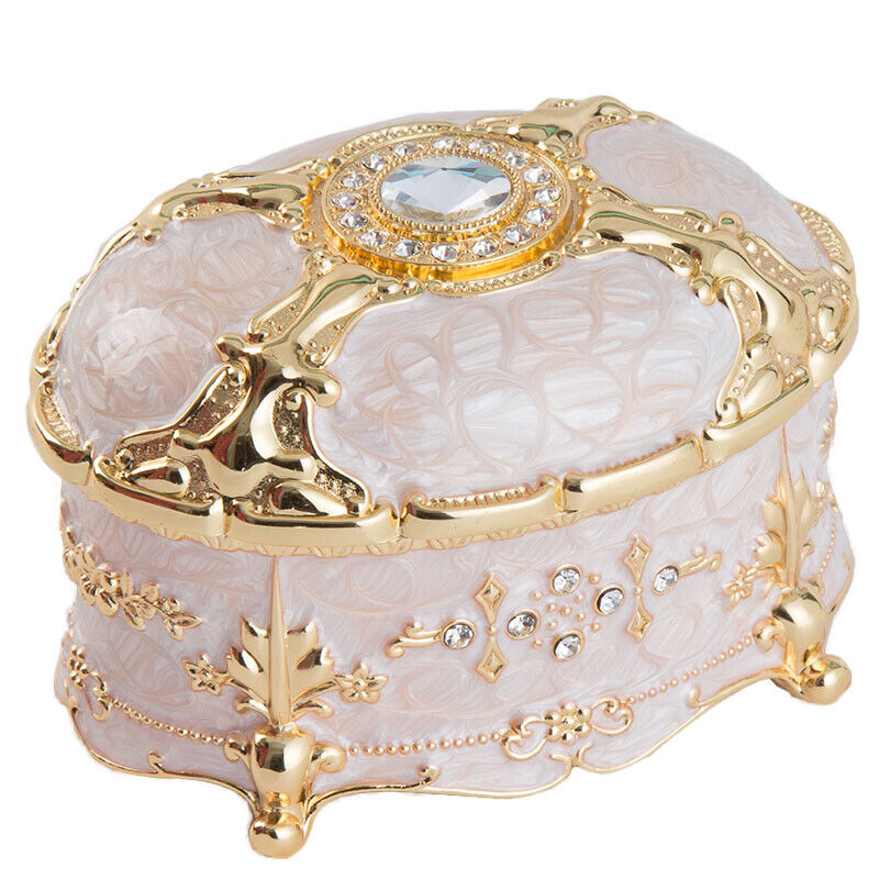 WHITE TIN ALLOY OVAL SHAPE WIND UP MUSIC BOX :  A THOUSAND YEARS