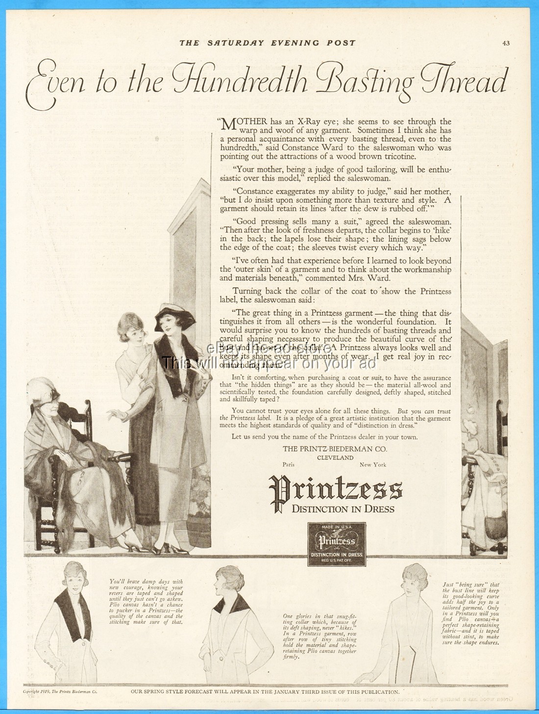 1919 Printzess Coat Women\'s Hat Fashion Antique Print Ad Henry Vallely Art Deco