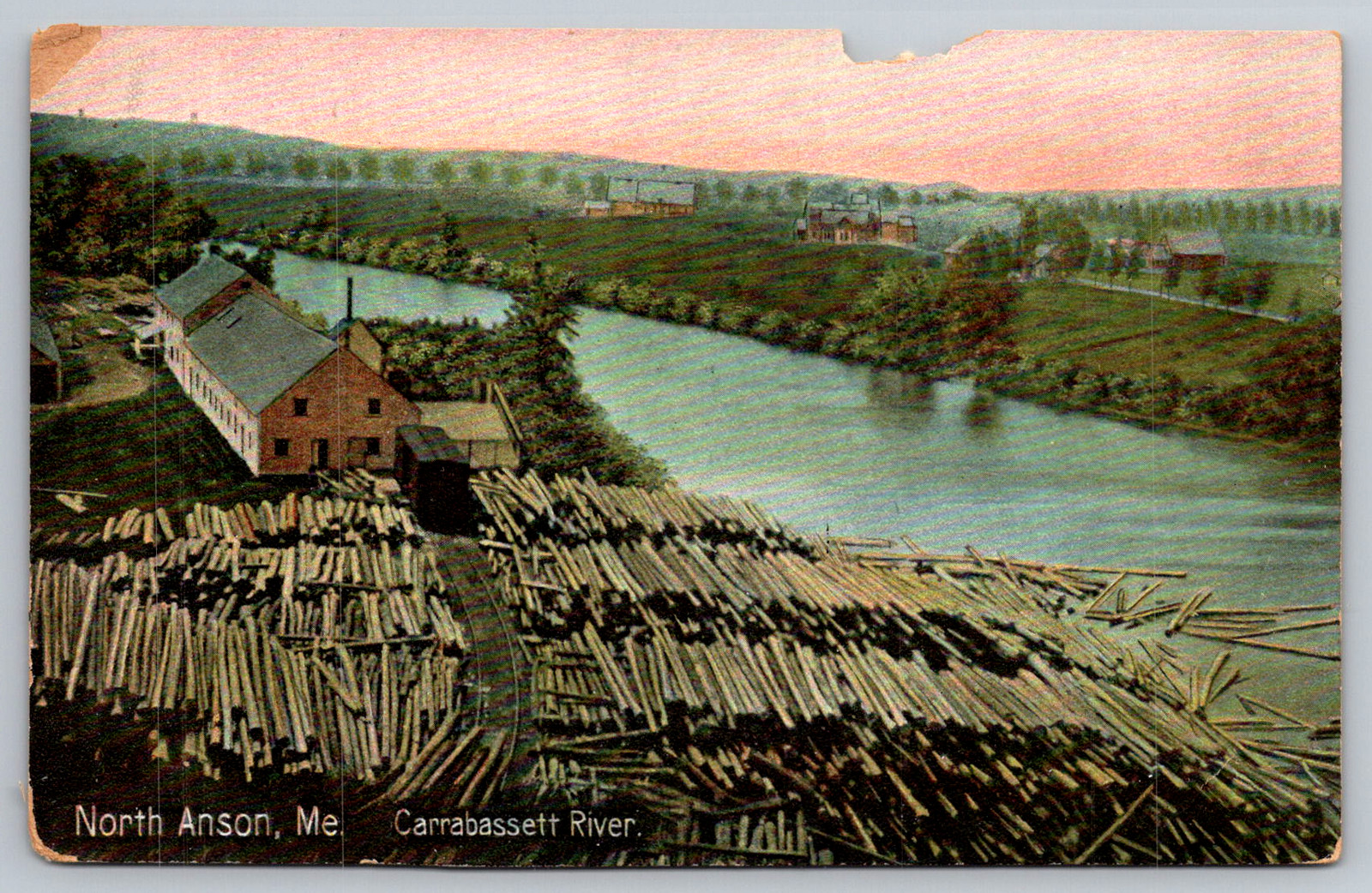 c1910s North Anson Maine Lumber Yard Logging Carrabassett River Postcard