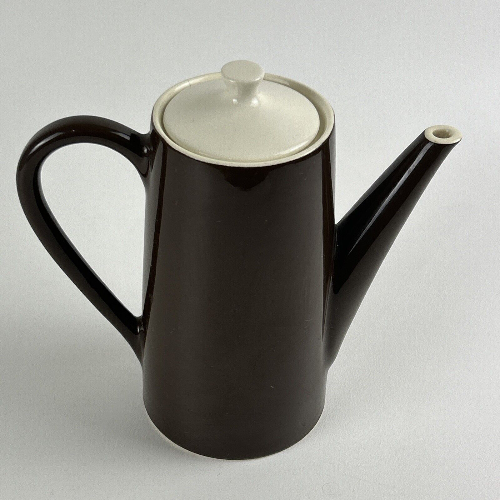 Vintage MCM Ceramic Pottery Coffee/Tea Pot Teapot with Lid Brown-White 9”