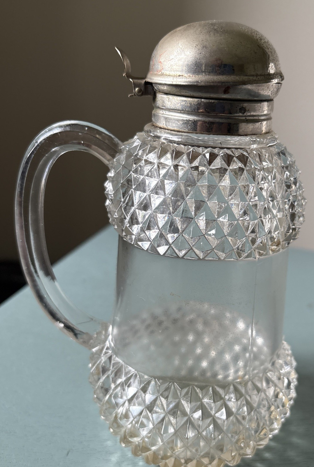 EAPG Diamond Hobnail Syrup Pitcher W/Nickel Plated Lid W Rough Pontil