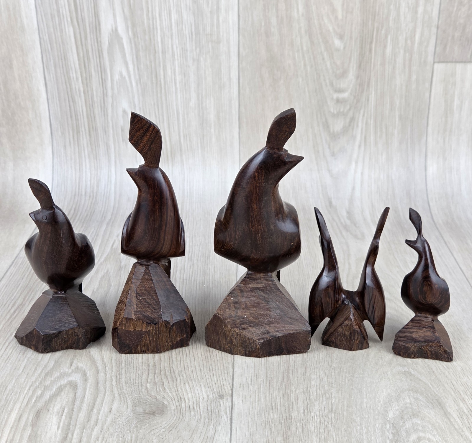 Vtg Hand Carved Iron Wood Quail Pheasant Figurines Lot of 5 Family Birds READ