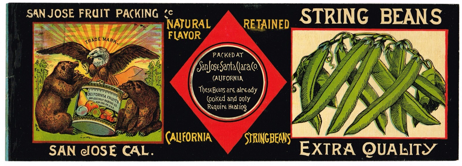ORIGINAL C1890 CAN LABEL BEAR EAGLE SAN JOSE SANTA CLARA CALIFORNIA STRING BEAN