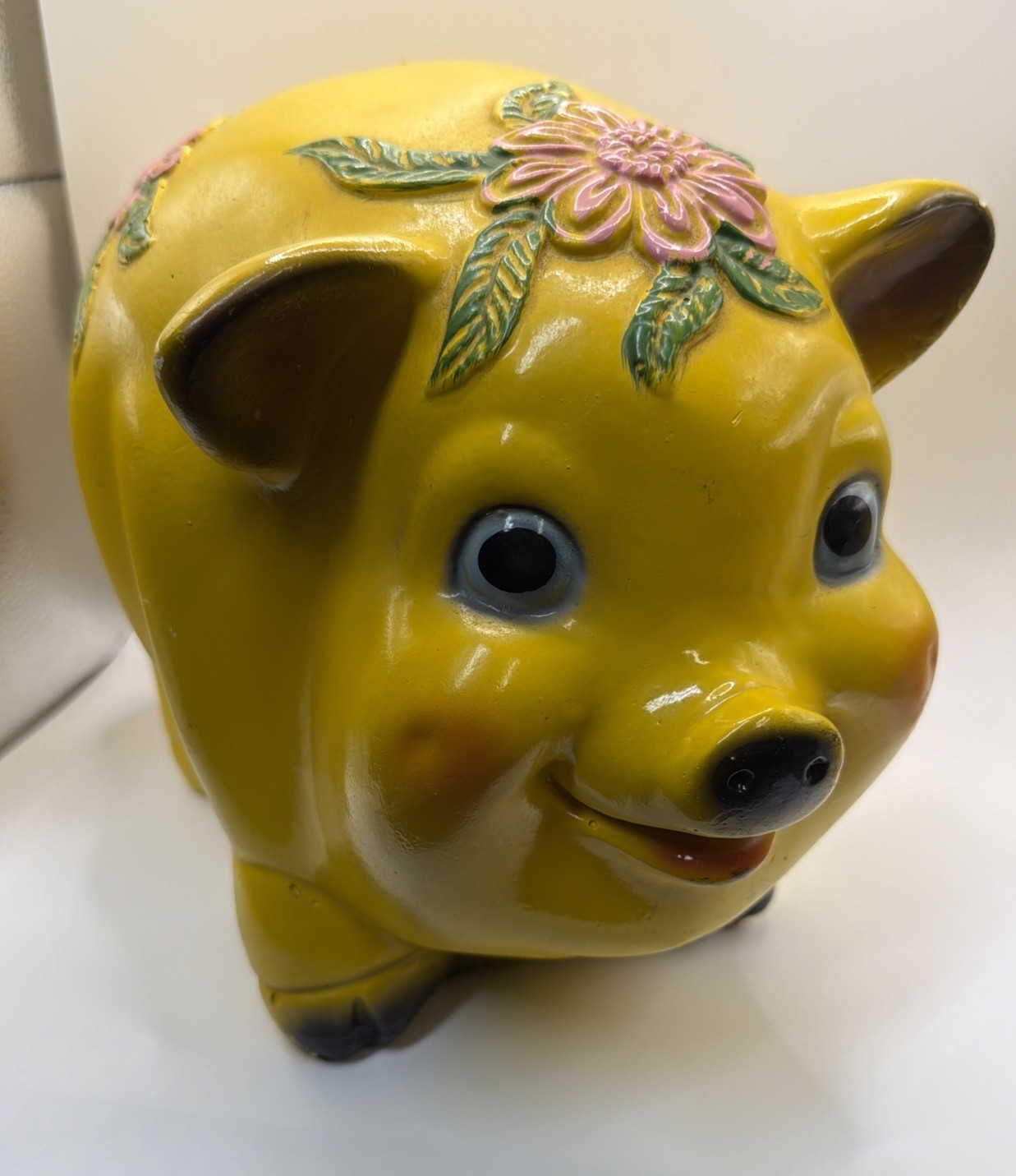 Rare VTG Large Silvestri Bros Co 1966 Vintage Yellow Piggy Bank Floral Ceramic