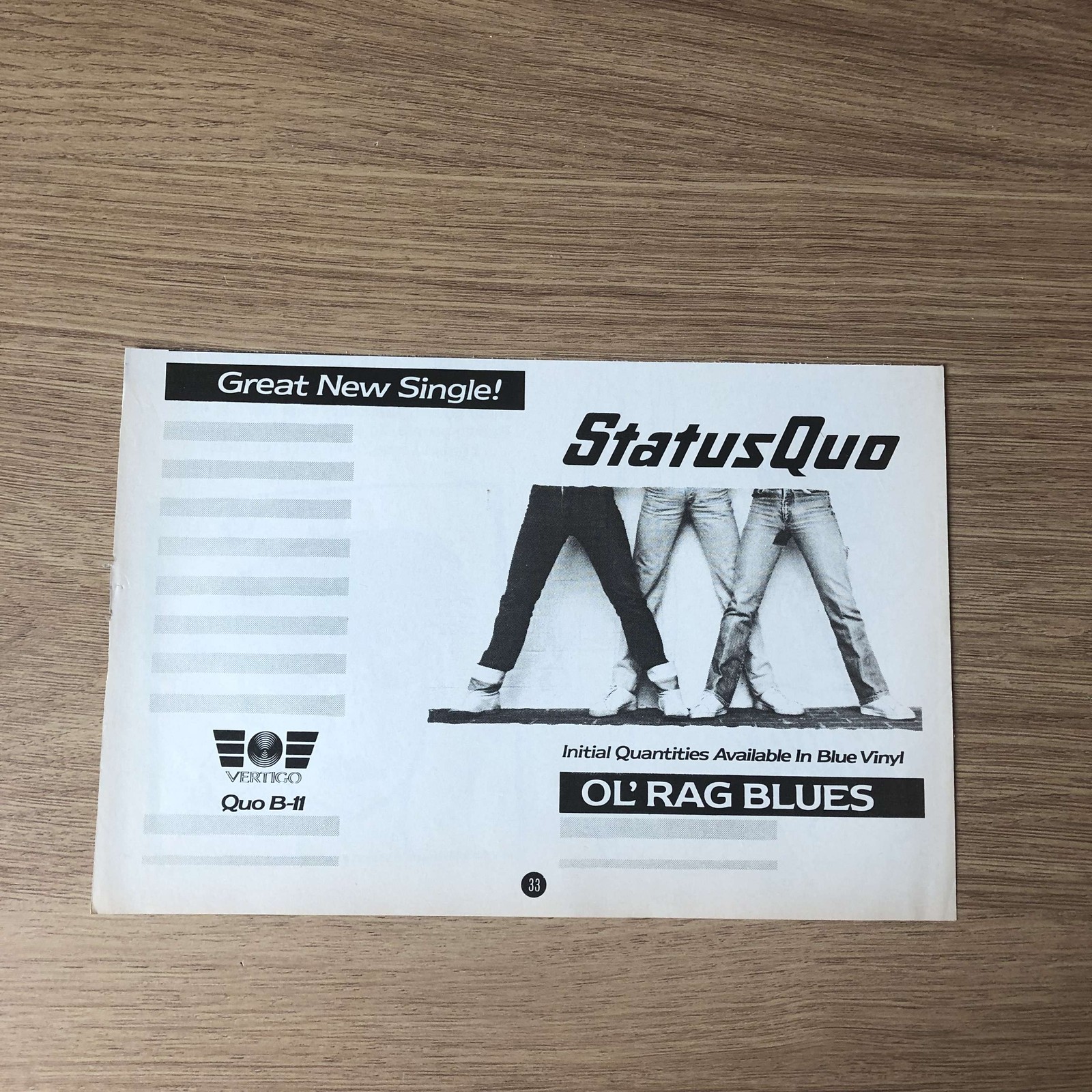 MUSIC62 MAGAZINE ADVERT 5X8 STATUS QUO SINGLE OL\' RAG BLUES
