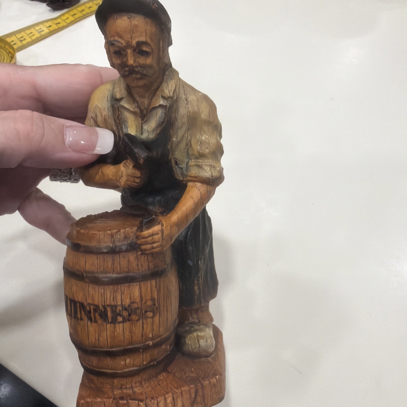 Vtg Hand- Carved  Painted Peasant Figure Man Sealing Barrel Of Guinness
