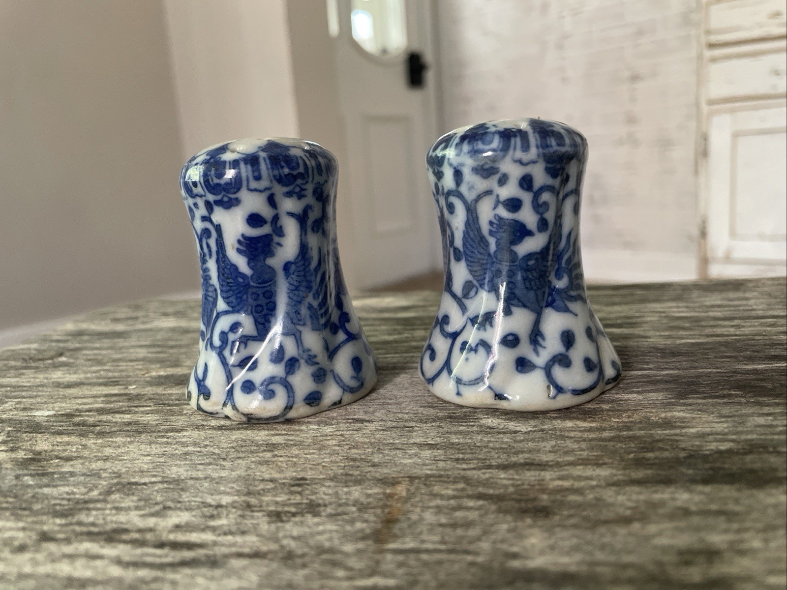 Vintage Blue White Porcelain Salt Pepper Shakers Floral Bird Pattern Pair Vintage Blue White Porcelain Salt Pepper Shakers Floral Bird Pattern Pair