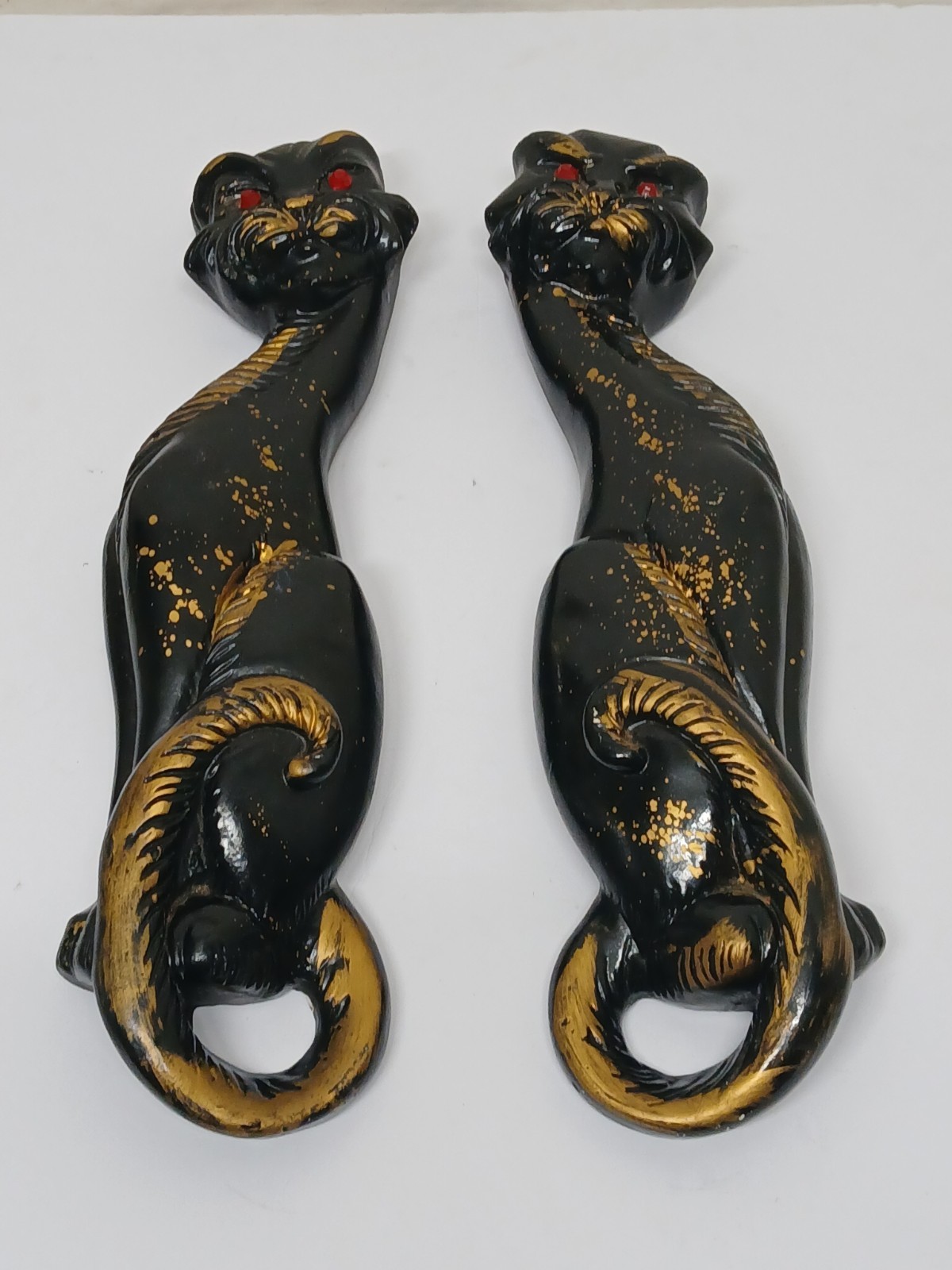 (2) Large Vintage 1962 MCM Cats Red Eyes Chalkware Universal Statuary Corp 19\