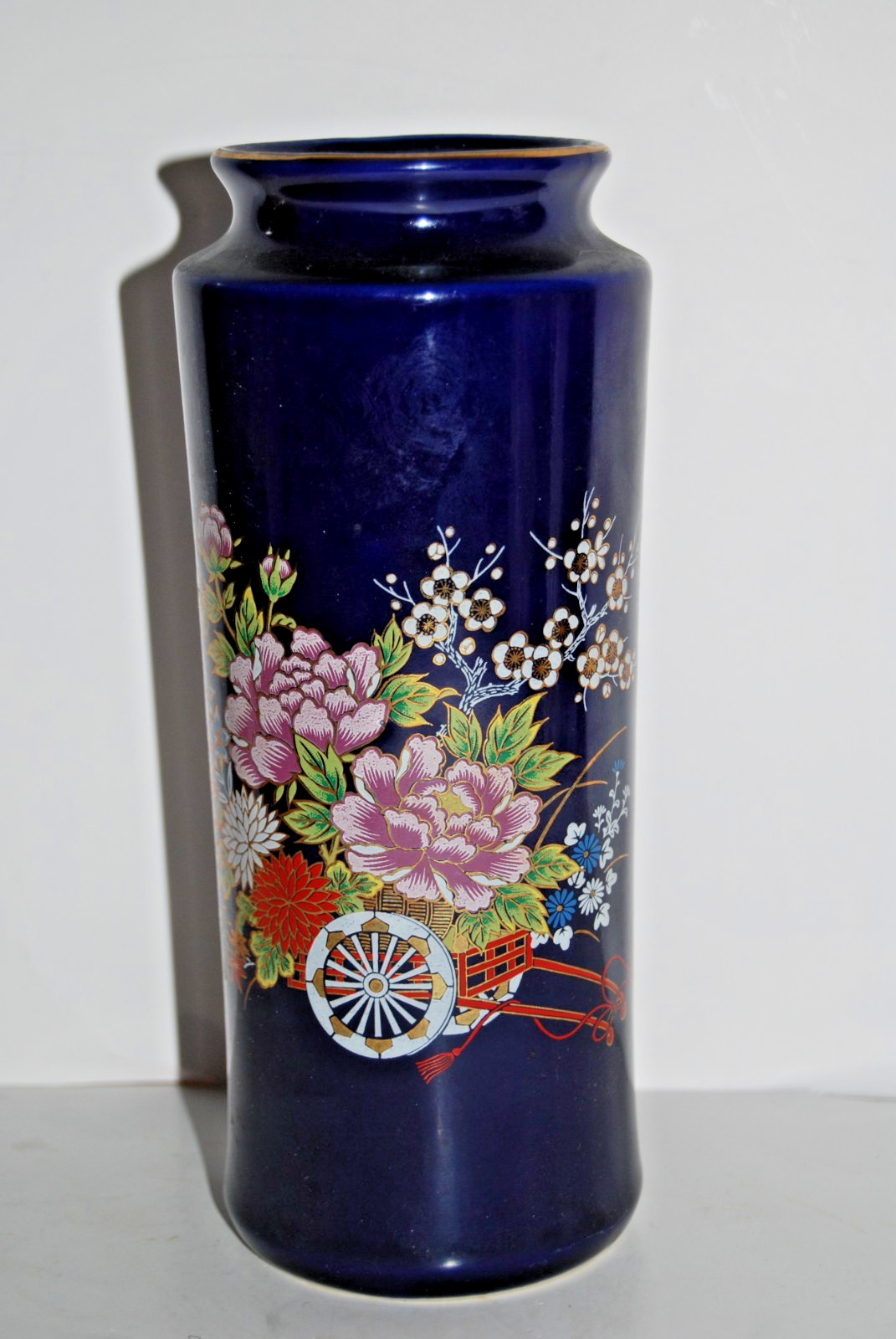 VTG Japanese Cobalt Blue Porcelain Vase 8” Bijutsu Toki Flower Cart Peony Gold