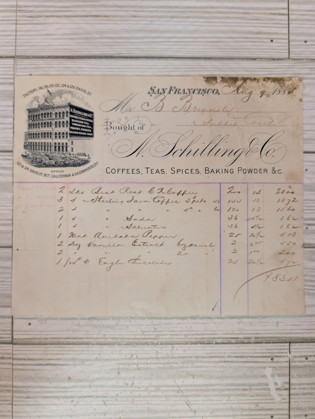 1884 A. Schilling & Co. San Francisco Coffee Spice Invoice Sutter Creek CA