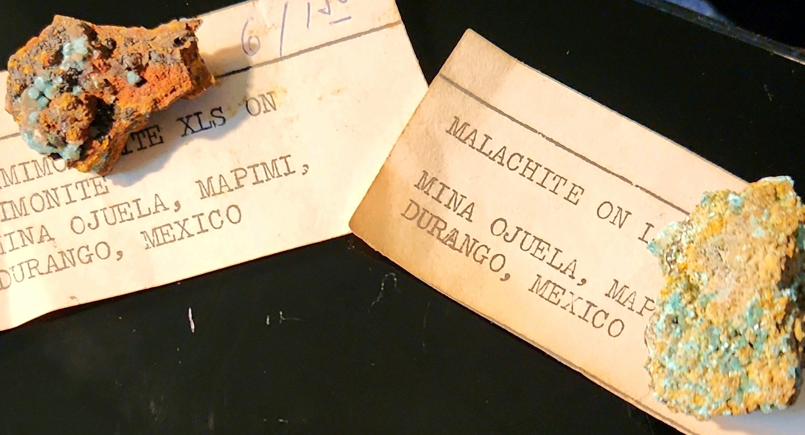 Hemimorphite & Malachite Mina Ojuela Mexico 2 Vintage Minerals w Old Labels Hemimorphite & Malachite Mina Ojuela Mexico 2 Vintage Minerals w Old Labels