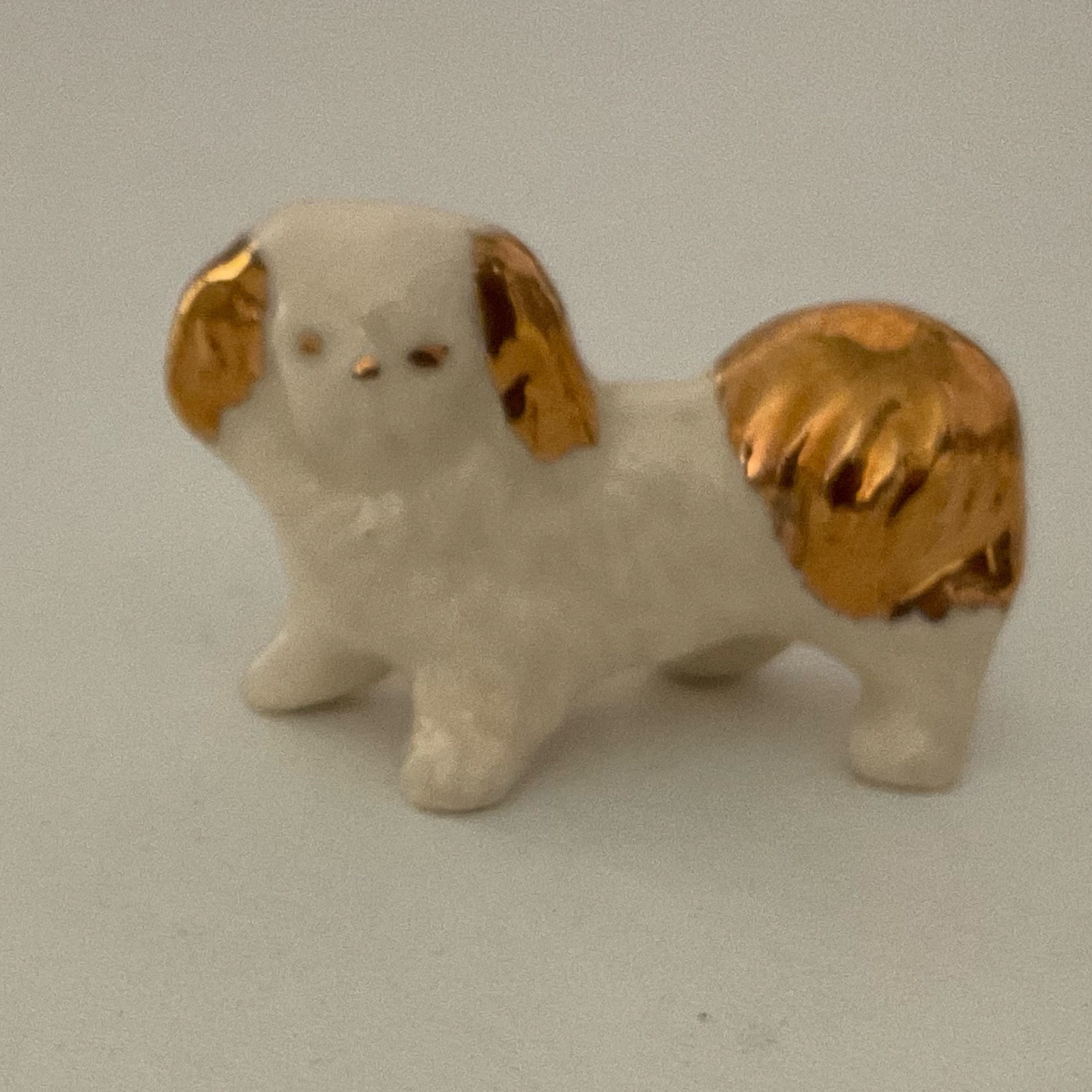 Rare  Porcelain mini  Pekingese Dog  Figurine Mid Century White & Gold Lustre