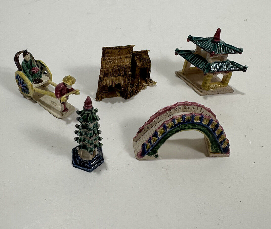 Vintage Miniature Figurine Pagoda Bridge Lot 5 Chinese Bonsai Decoration