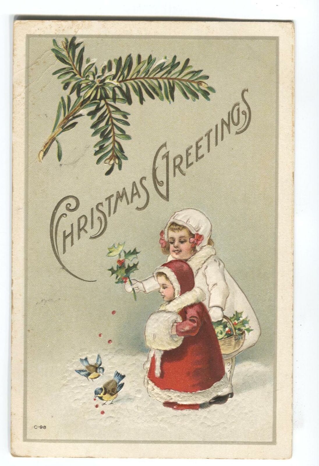 Postcard Christmas Greetings Little Girls Christmas Coats Mistletoe