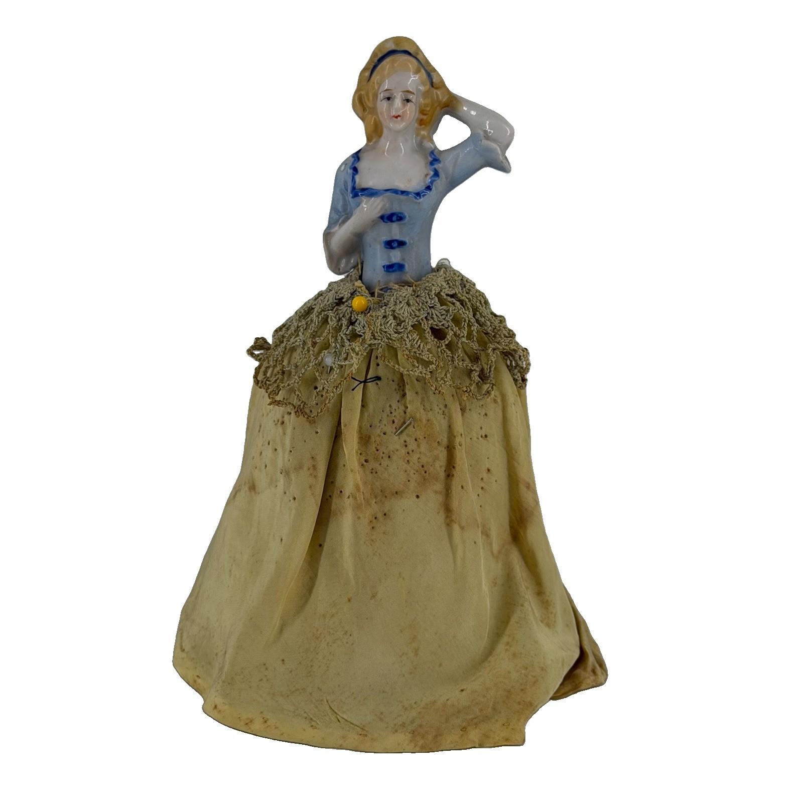 Antique Porcelain German Half Doll Pin Cushion 