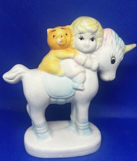 Vintage Ceramic Unicorn with Rainbow Mane Girl & Teddy Bear Figurine